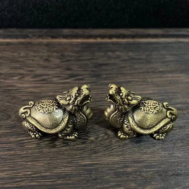 Vintage Brass Dragon Head Turtle Body Mythical Xuanwu Beast Statue Creative Home Living Room Office Tea Pet Dining Table Decor
