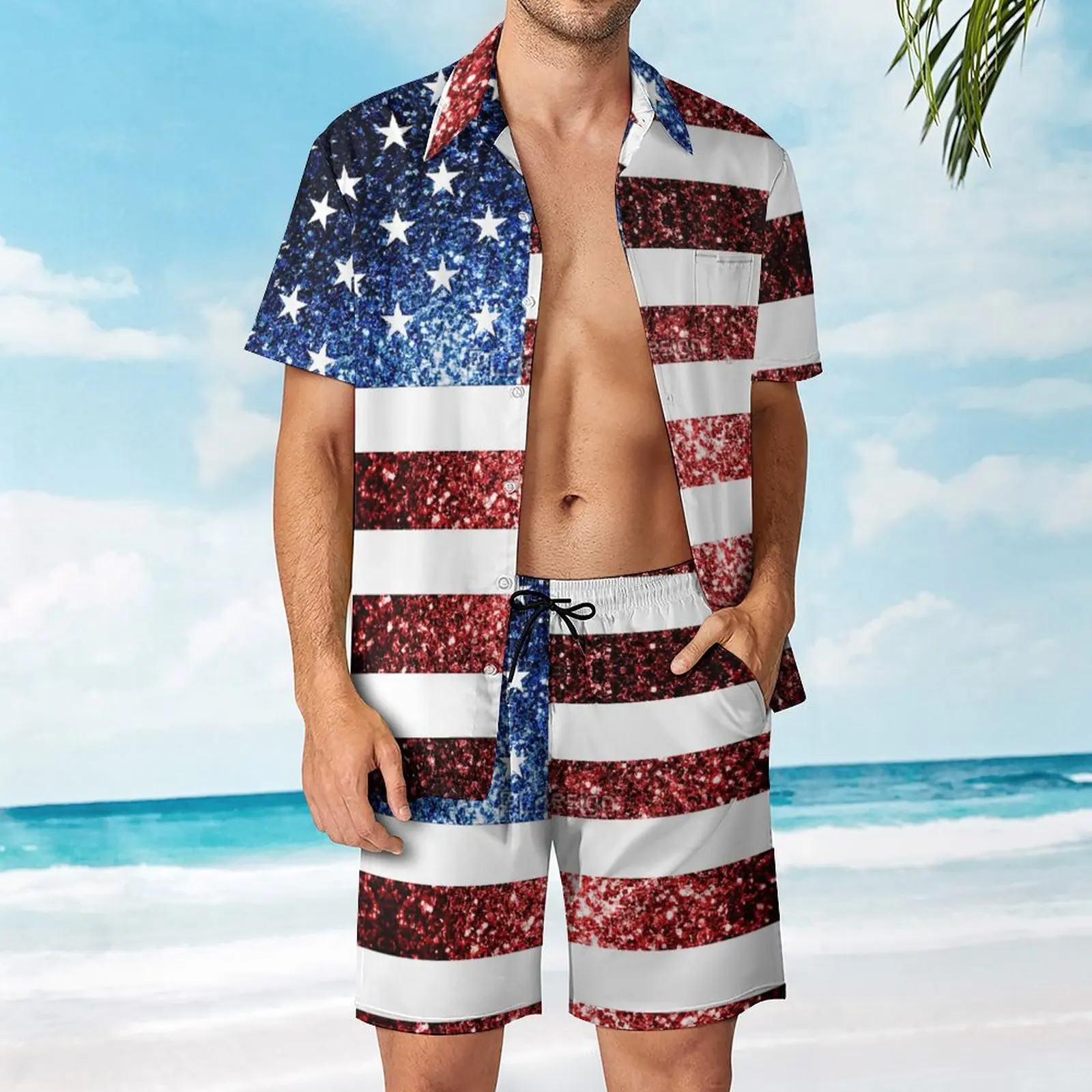 

USA Flag Red Blue Sparkles Glitters Men's Beach Suit Funny Graphic 2 Pieces Coordinates top Quality Running USA Size