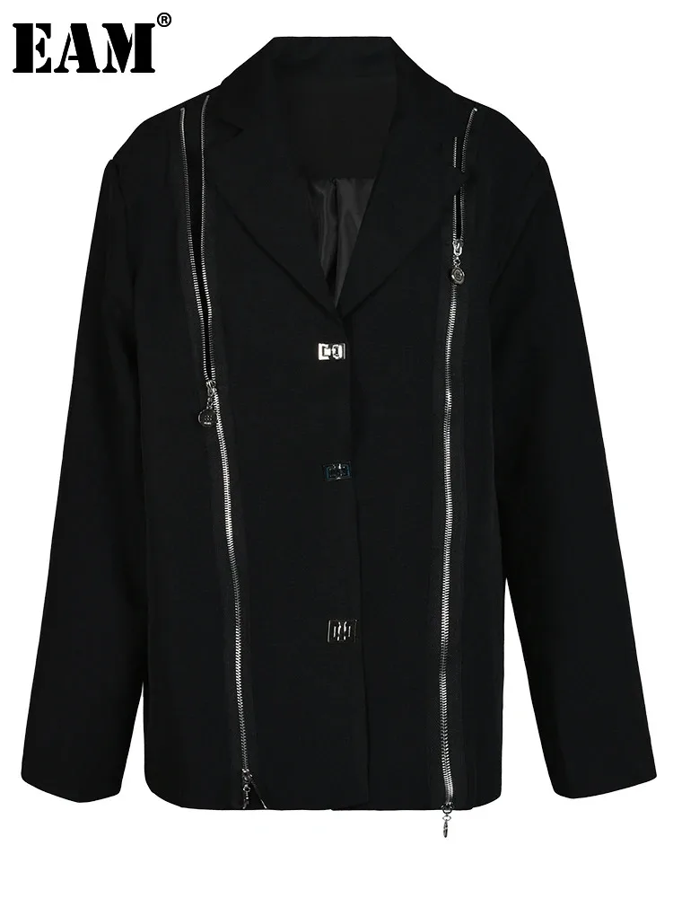 

[EAM] Women Black Zipper Irregular Big Size Blazer New Lapel Long Sleeve Loose Fit Jacket Fashion Spring Autumn 2024 1DH1523
