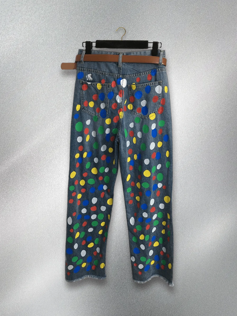

Women's Colorful Polka Dot Printing Jeans with Belt, Denim Vintage Trousers, Casual Fun Pants, Blue, All-Season, New Fashion
