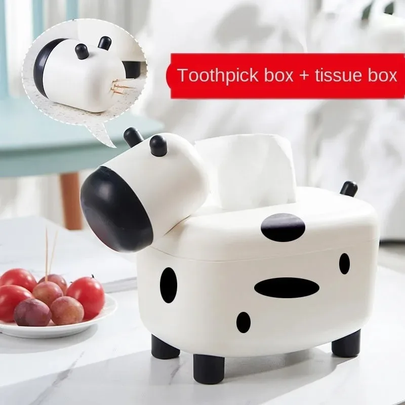 

2 in 1 Tissue Box Holder Cute Cow Tissue Box Multifunctional Household Paper Extraction Storage Toothpick One Piece Dual Use