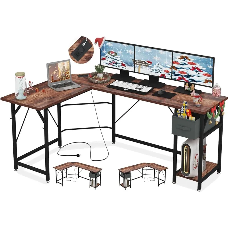 

L Desk,Home Office Desks,Reversible L Shaped Desk,66 Inch Gaming Desk with Power Outlets Corner Computer Desk with Drawers