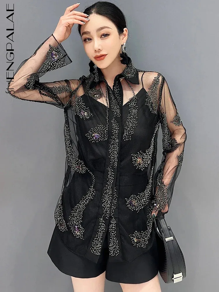 

SHENGPALAE Mesh Long Sleeved Shirt Heavy Industry Hot Rolled Diamond Sexy Perspective Top 2024 Spring New Fashion Clothes 5R9693