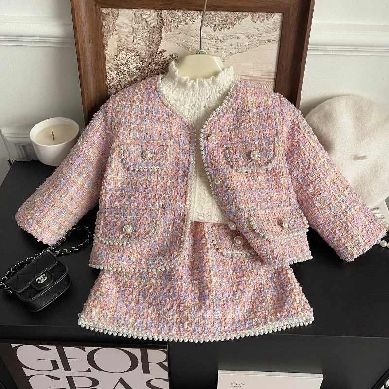 Girls Plus Cotton Suit Winter New Girls Tweed Small Fragrance Long Sleeve Coat + Cotton Skirt Suit  Baby Girl Clothes