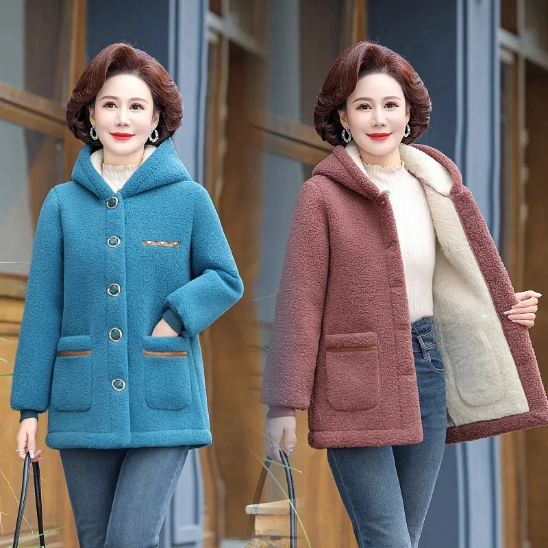 Mom Winter Lamb Cashmere Middle-aged And Elderly New Cotton-padded Clothes Fashion Loose Western-style Particle Coat Women 5XL.