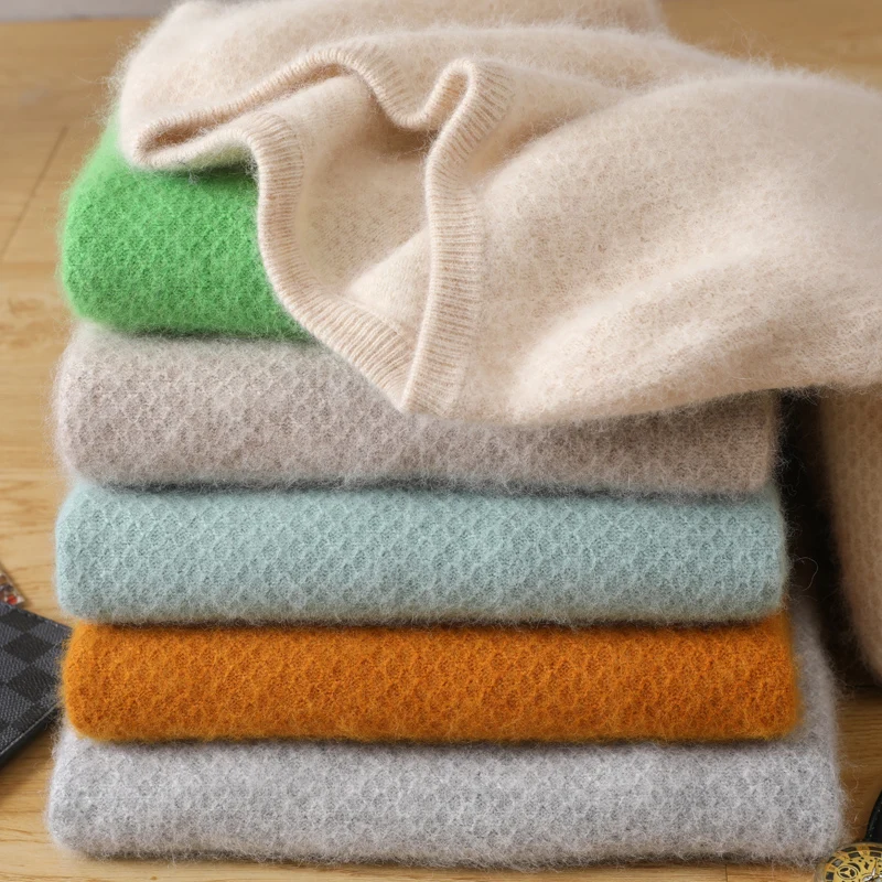 Men Round Neck Diamond Small Square Solid Color Knitted Mink Fleece Sweater Pullover Casual Autumn Winter New Fashion