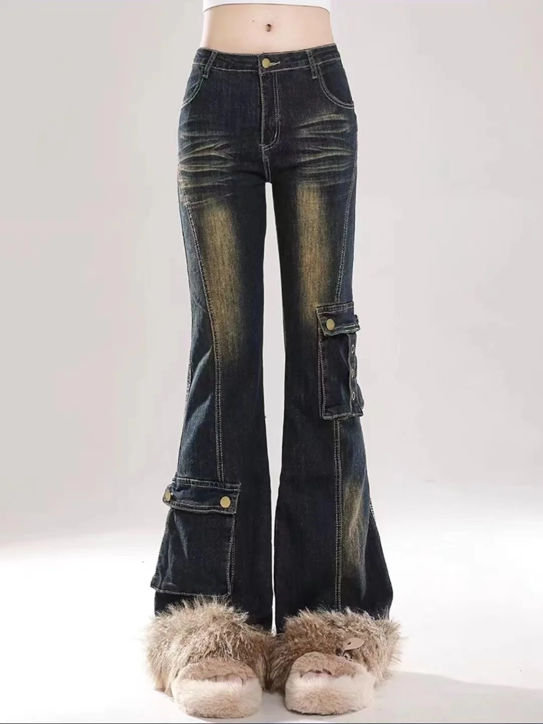 High Street Vintage Jeans Women Low Rise Y2K Faux Fur Denim Flare