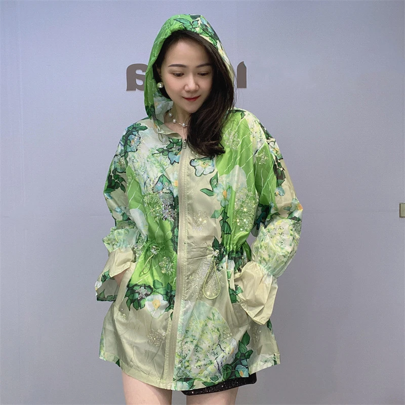 

Тонкое цветочное зеленое приталенное солнцезащитное пальто с капюшоном средней длины с тяжелыми блестками для творчества, стильное пальто на молнии, женская одежда