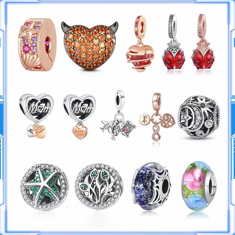 

Fits Pandora Original 925 Sterling Silver Bracelet, Ladybug Flower Bead Pendant, Mulla Beads, DIY Birthday Gift for Women Men