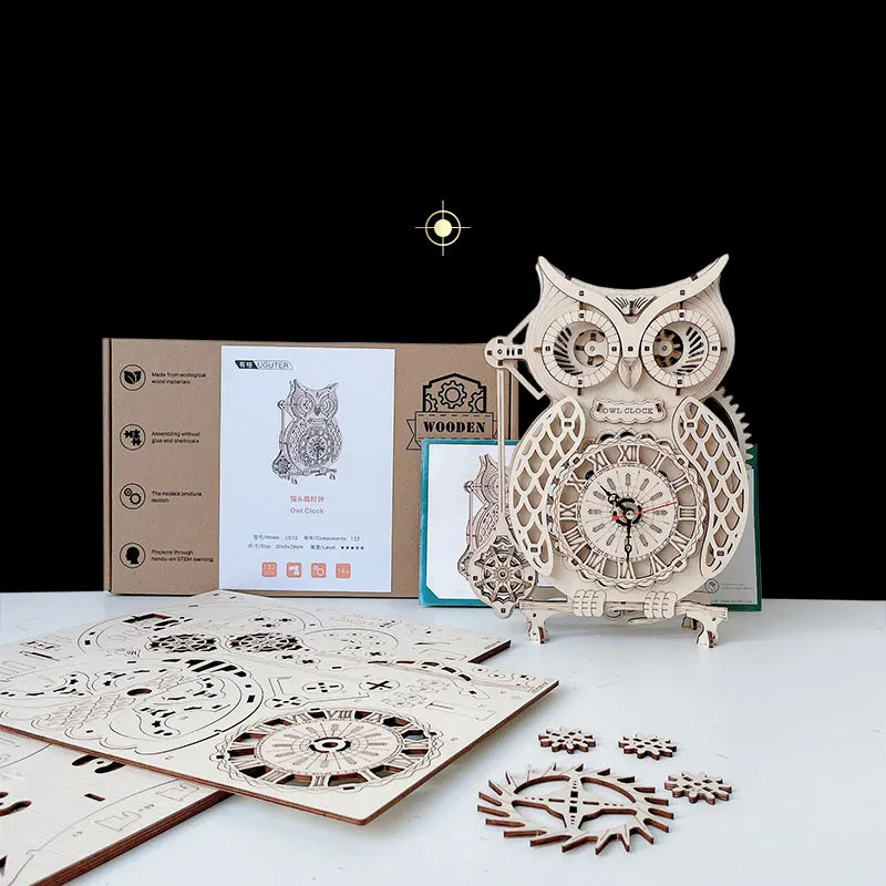ROKR 3D Wooden Owl Clock Puzzle Kit - DIY Mechanical Model For Adults & Teens