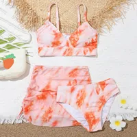 8-14Y Girls' Summer Swimwear 2023 New Fashion Cute Crisscross Tie Dyeing Printing Floral Print Three Piece Swimsuit Bathing Suit 4