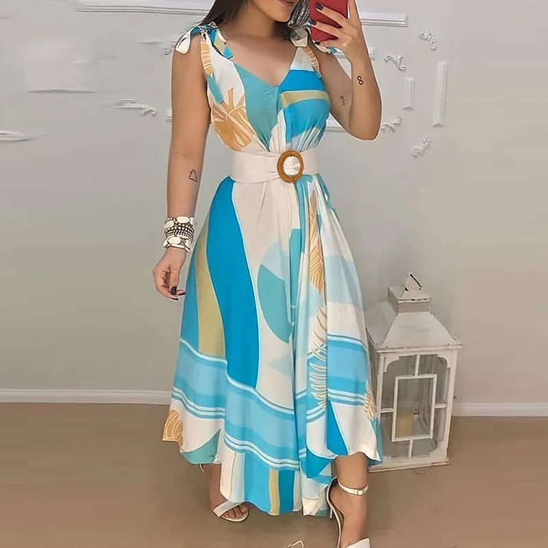 

Summer Casual Fashion Sleeveless V Neck High Waist Vacation Irregular Dress Outfits Women Elegant Print Bohemian Dress