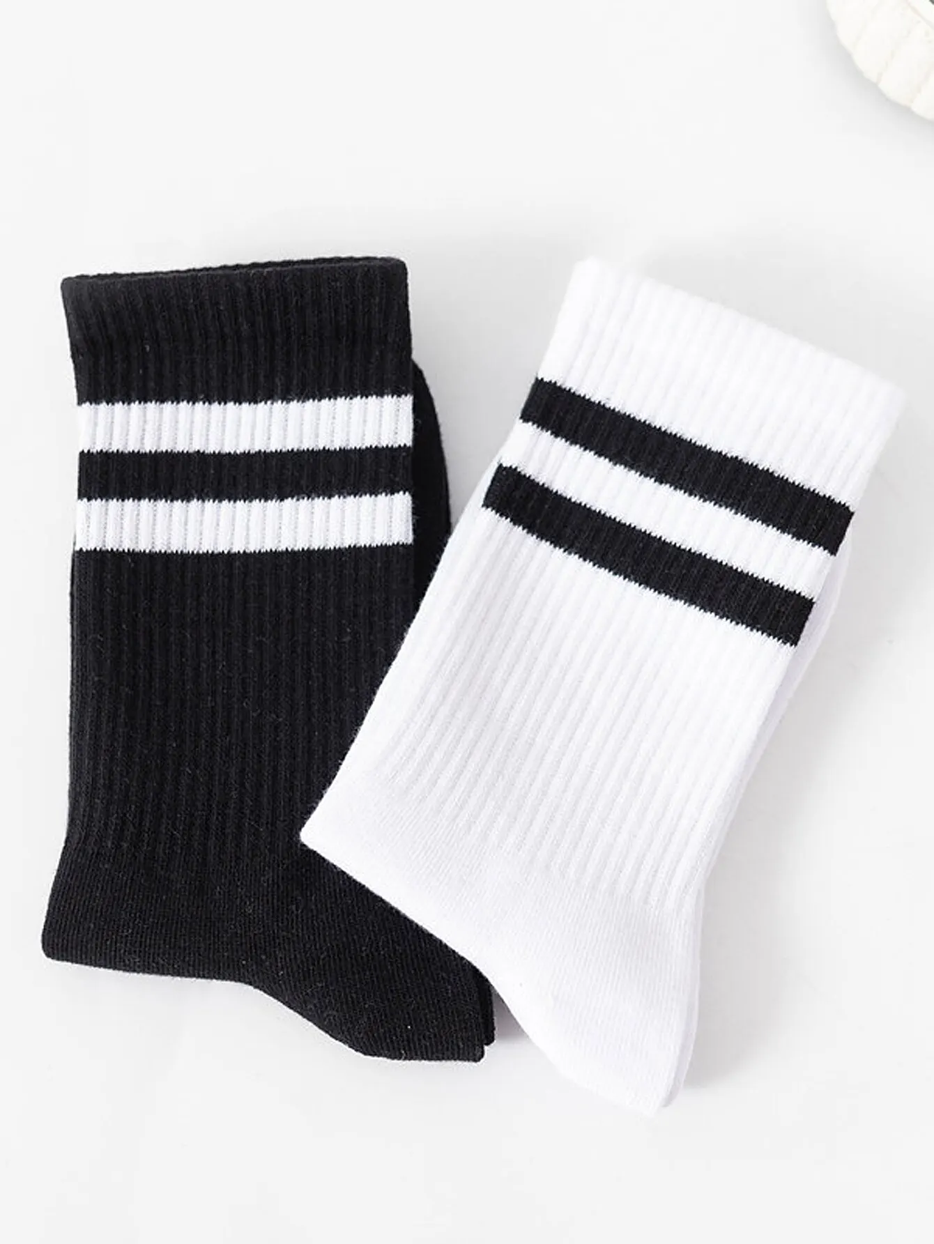 Women's Stockings Set 6 Pairs High Tube Mid Length Pure Black And White With Parallel Bars Sweat Absorption