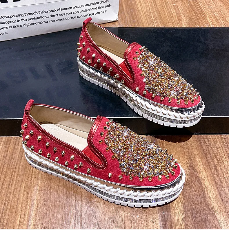 

Platform Loafers Woman Flats Luxury Shoes Bling Rhinestones Sewing Rivet Trendyol Slip-on Barefoot Women Casual Naked Girls Real