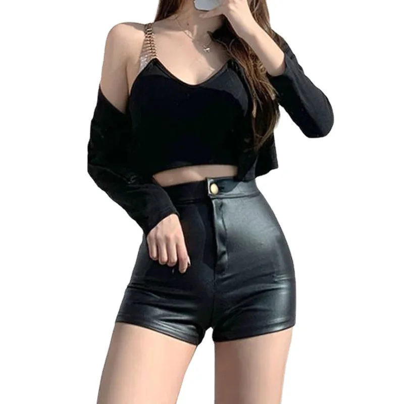 Women's Black Lederhosen Women's Autumn/winter High Fanny Pack Hips PU Leather Bottom Stretch Tight Sexy Leather Pants