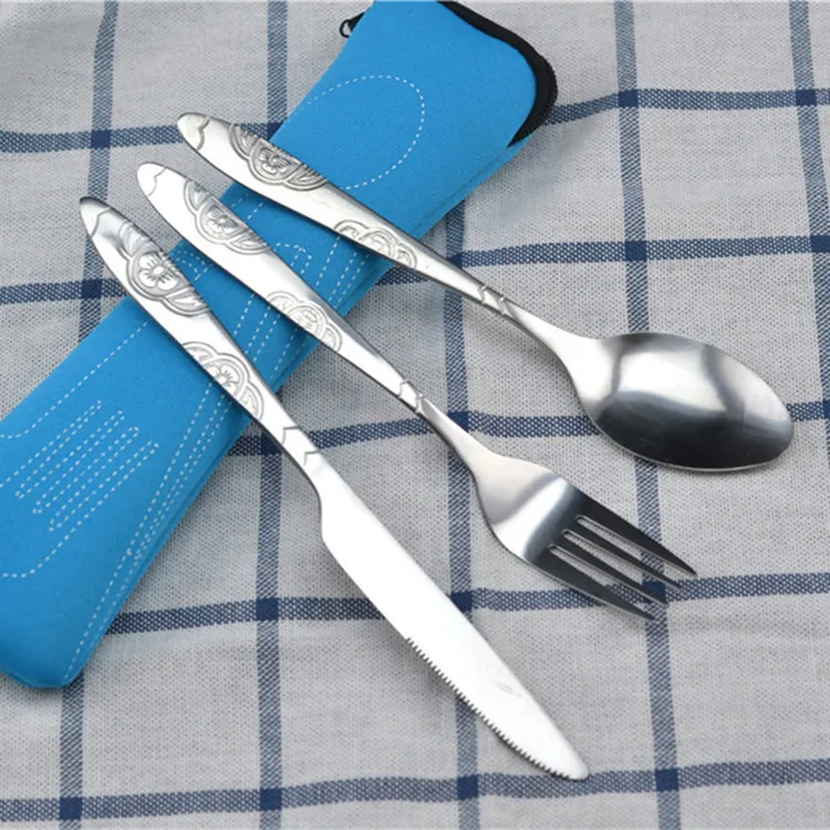 

3Pcs Steel Knifes Fork Spoon Set Family Travel Camping Cutlery Eyeful Dinnerware Set with Case Picnic Steak Steel Cutlery Set