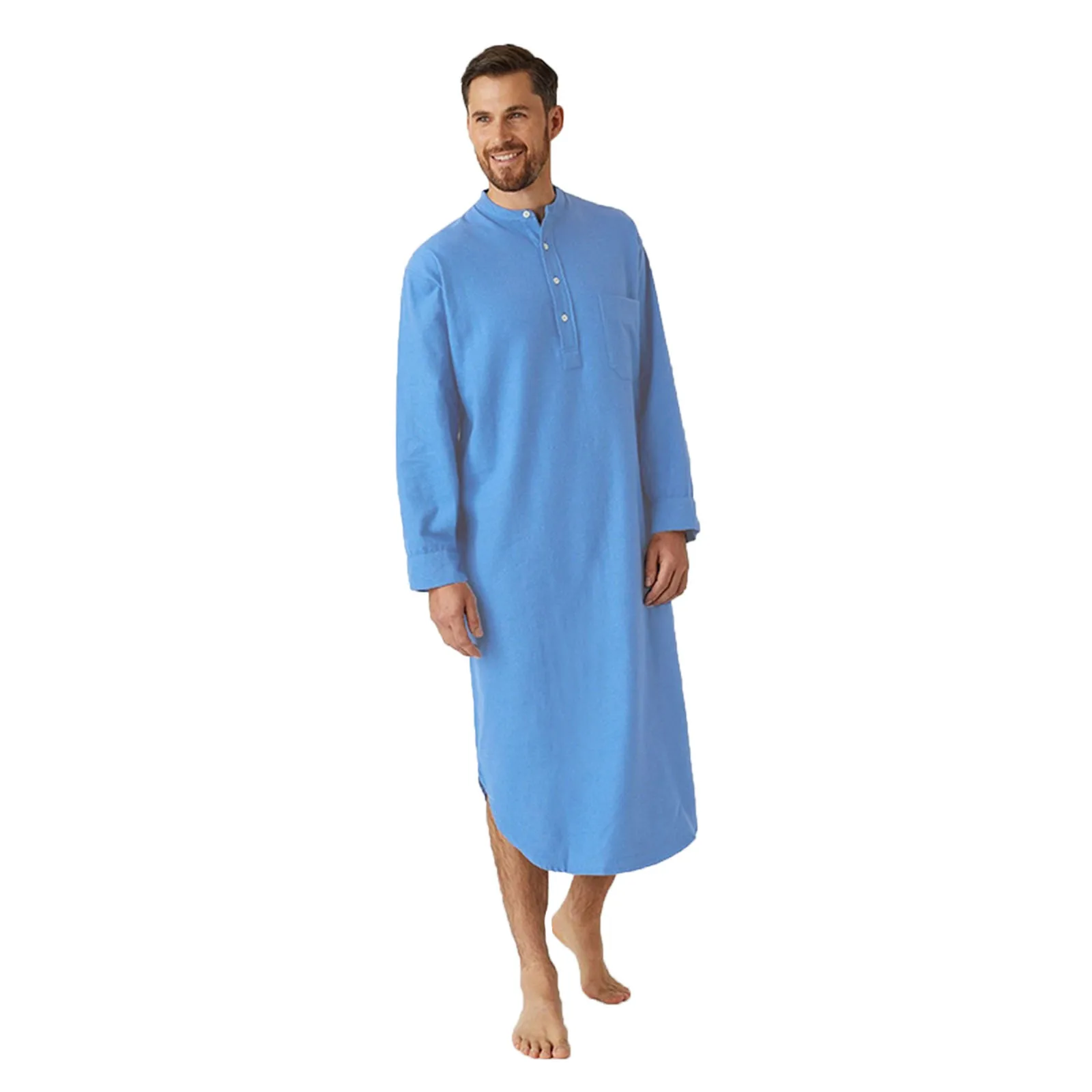 Men's Long-Sleeved Button-Down Sleepwear Solid Color Printed Shirt Stylish Nightgown Nightwear Loose Soft Long Shirt Homewear plus size silk pajamas Men's Sleep & Lounge