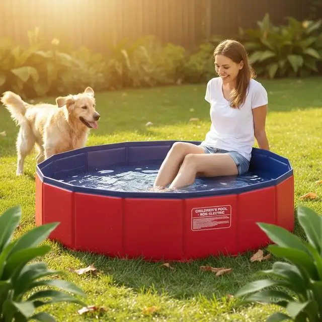 Piscine pliable pour animaux de compagnie, rouge et bleue, 31,5 x 31,5 x 7,9 pouces 1