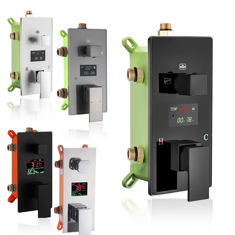 วาล์วผสมฝักบัวติดผนังแบบดิจิตอล 2/3 ทางสีดํา/โครเมียมพร้อมจอแสดงผลการควบคุมน้ําไฮเทคสําหรับอาบน้ําและฝักบัว 1