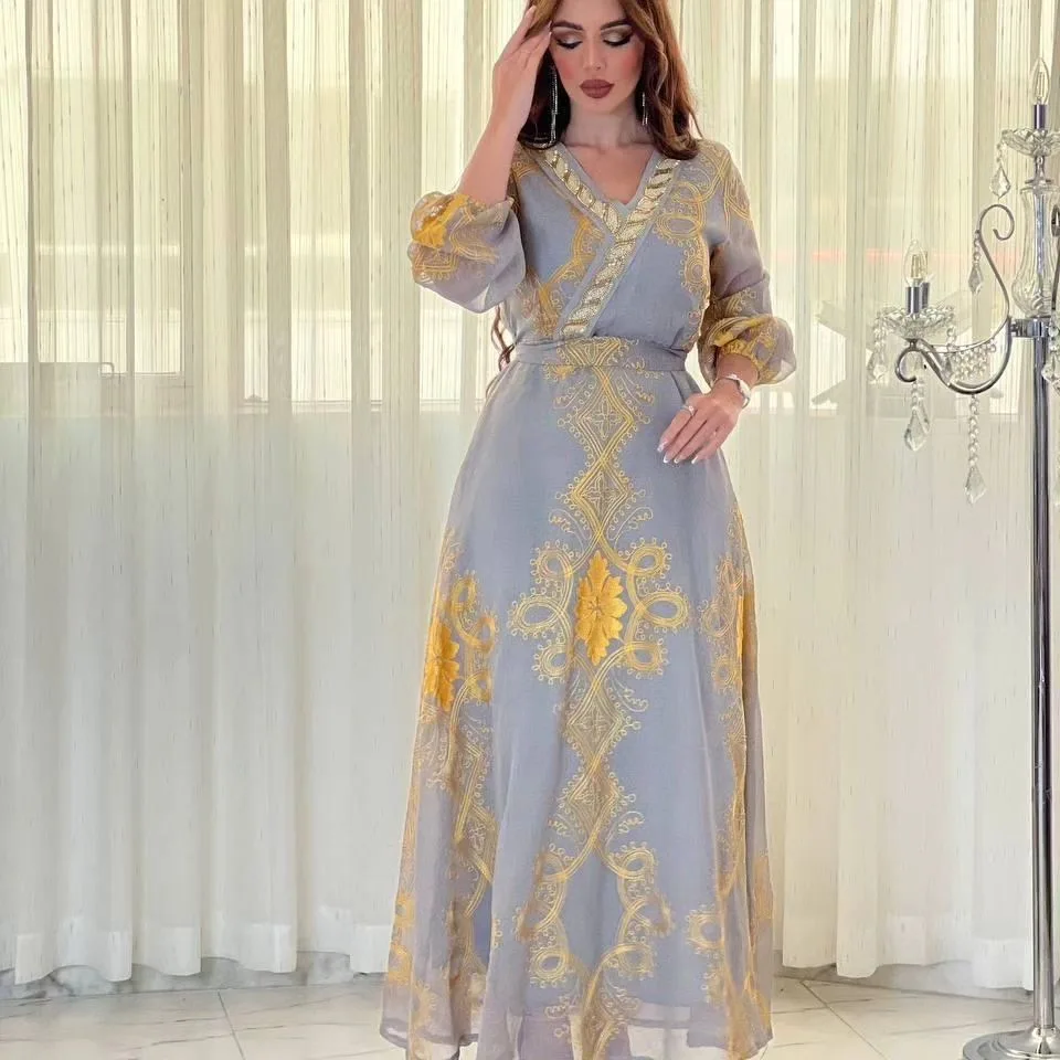 Mesh Linen Abaya Dubai Evening Dresses Embroidery Gulf Abayas for Women Jalabiya Saudi Arabia Kaftan Luxury Muslim Party Dress