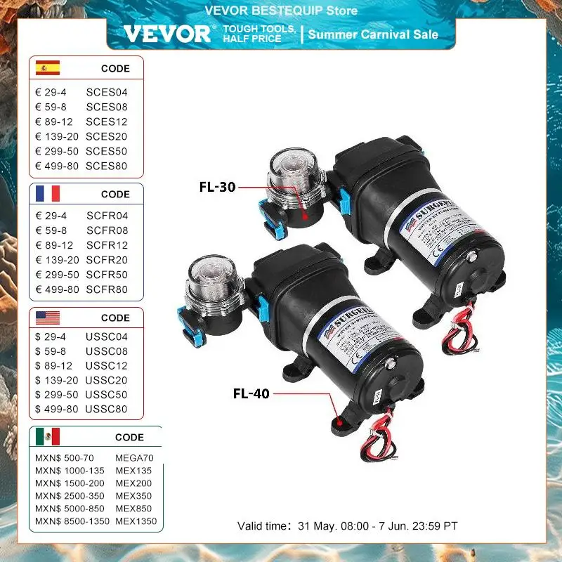 VEVOR 12V Diaphragm Water Pump 10L/Min 17PSI 17L/Min 40PSI High Pressure Automatic Self Priming Misting Booster Pump Car Marine