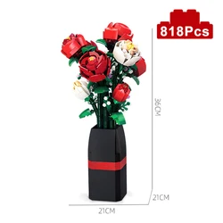 Romantic Red Rose Building Blocks - Classic Flower Bouquet Potted Bricks Toy Valentine's Day Gift (818Pcs No Box)
