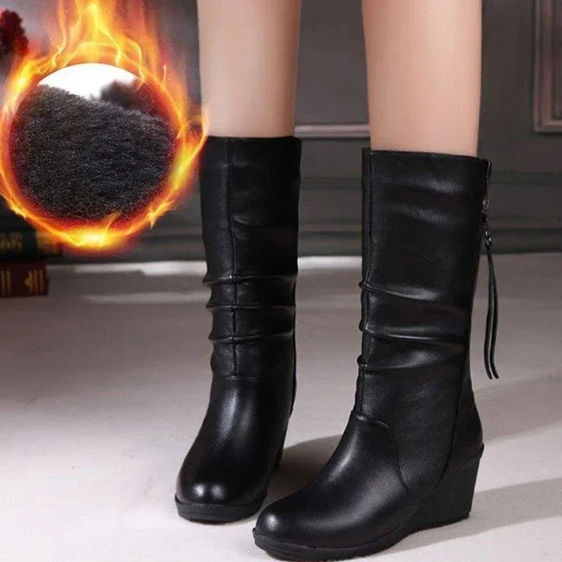 Stivali alti da donna con tacco basso e cerniera laterale in pelle scamosciata, stivali da donna a metà polpaccio, elastici, tacco basso, stivaletti con cinturino con cerniera, scarpe da equitazione