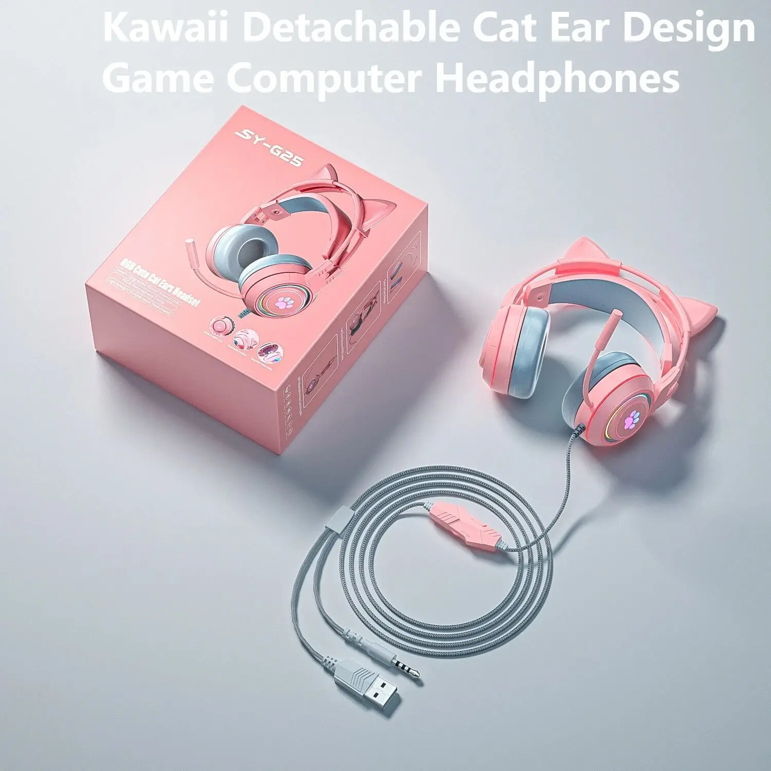 귀여운 탈착식 고양이 귀 디자인 게임 컴퓨터 헤드폰, RGB 호흡 빛 머리에 착..