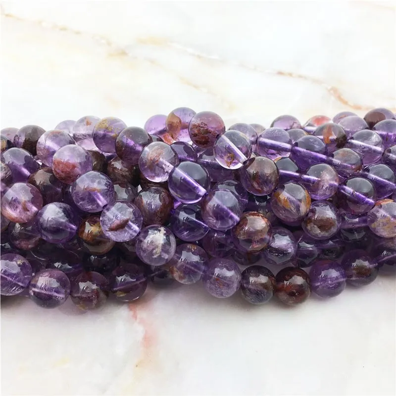 Natural Stone Amethysts Purple Rutilat Phantom Quartz Smooth Round Loose Beads 6/8/10/12mm For DIY Bracelet Jewelry Making