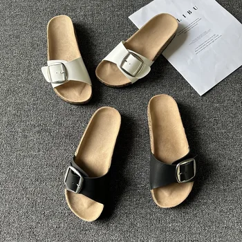 ⁦Comemore Flat Slippers Casual Shoes Fashion Leather Buckle Beach Slides Flip Flop White Yellow Round Toe Summer Women Sandals43⁩ – תמונה ⁦3⁩