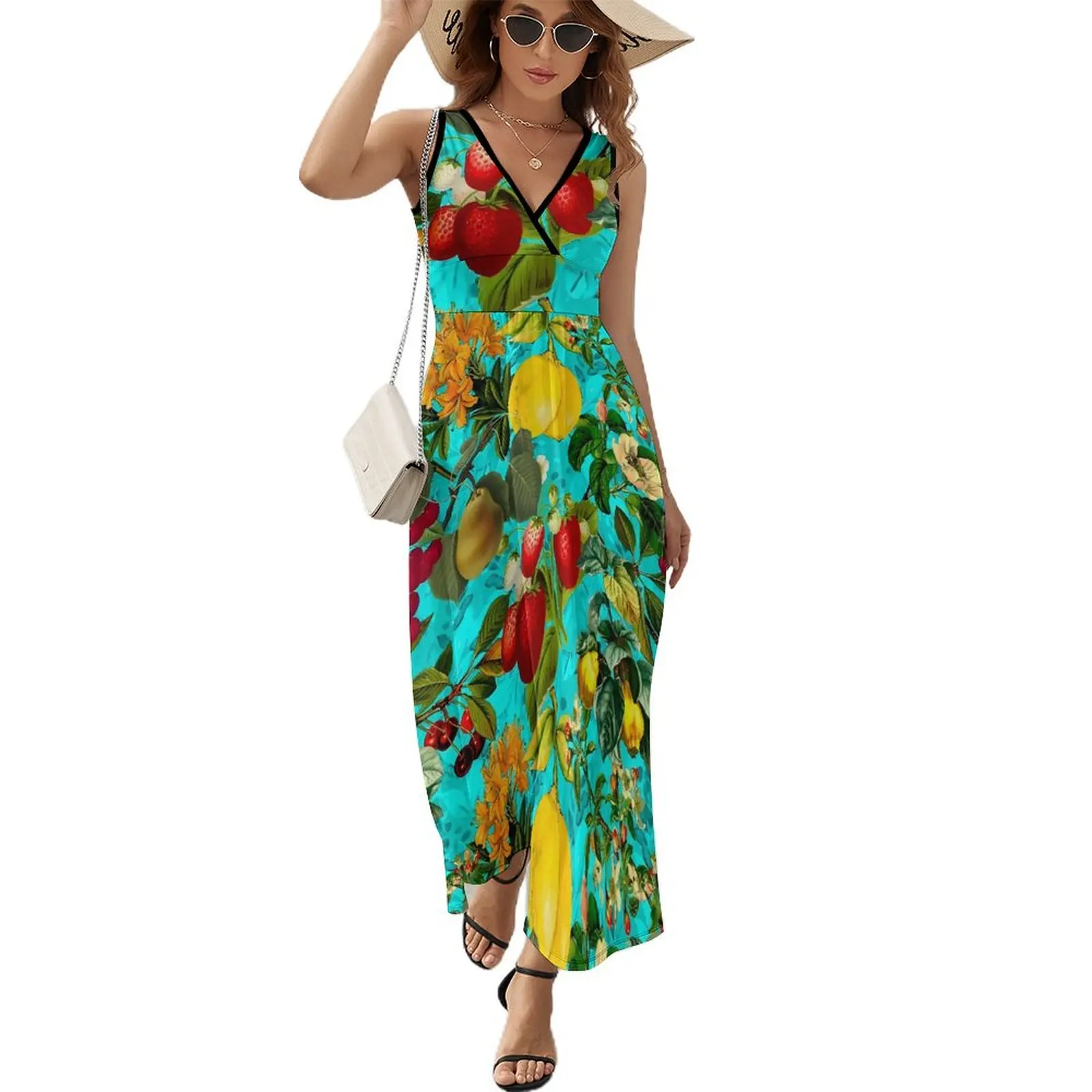 

Vintage Fruit Print Dress Summer Floral Print Korean Fashion Bohemia Long Dresses Women High Waist Custom Beach Maxi Dress