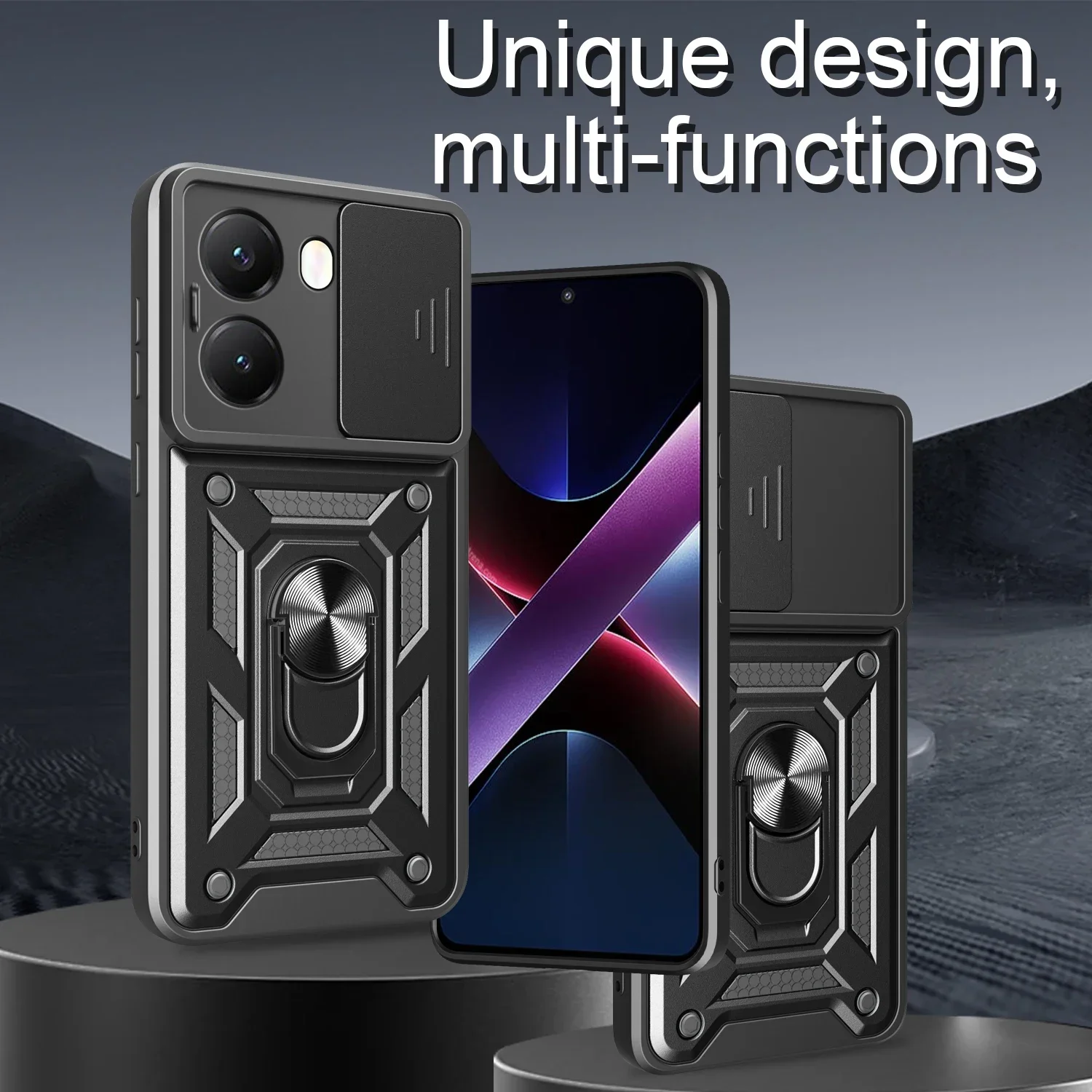 Armor Slide Camera Lens Protection Back Cover with Ring Stand - Shockproof Case