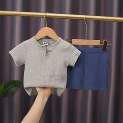 Children's Cotton Linen Summer Clothing Set: T-Shirt and Elastic Shorts - 3-4Years (Gray Navy set)