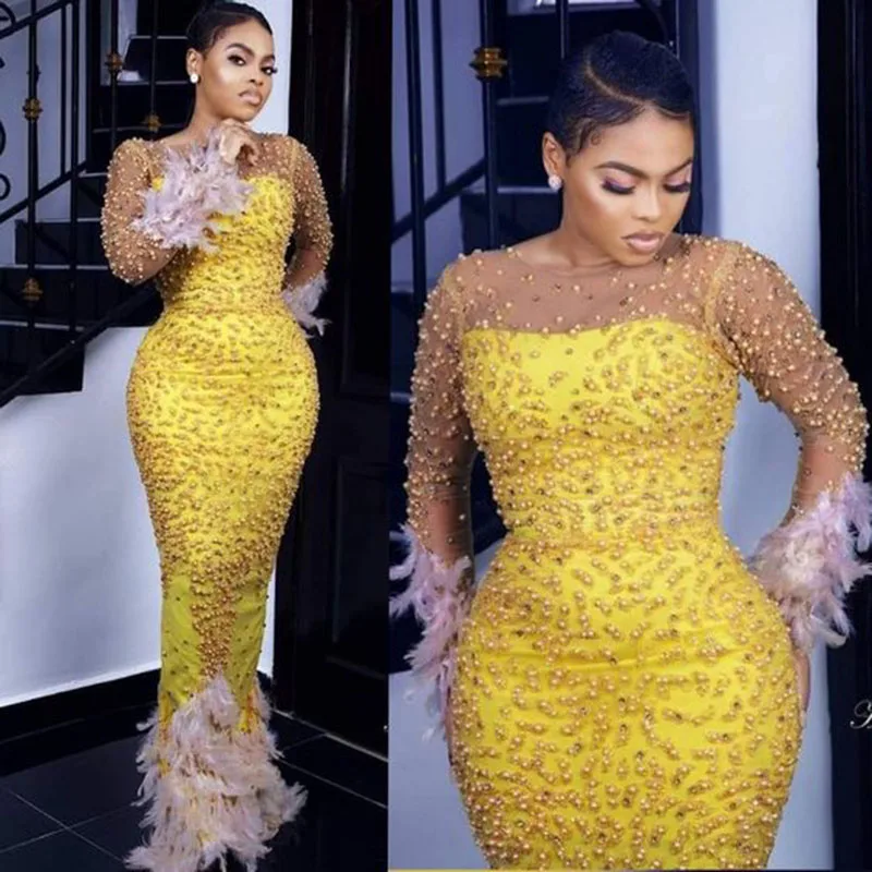 

Luxury Full Beading Prom Dresses Sheer Long Sleeves Feather Mermaid Evening Gowns Black Girls Formal Wear Wedding Party Dress