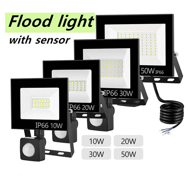 LED PIR Motion Sensor Floodlight Outdoor Wall Light 100W 50W 30W 20W 10W IP66 Waterproof For Garden