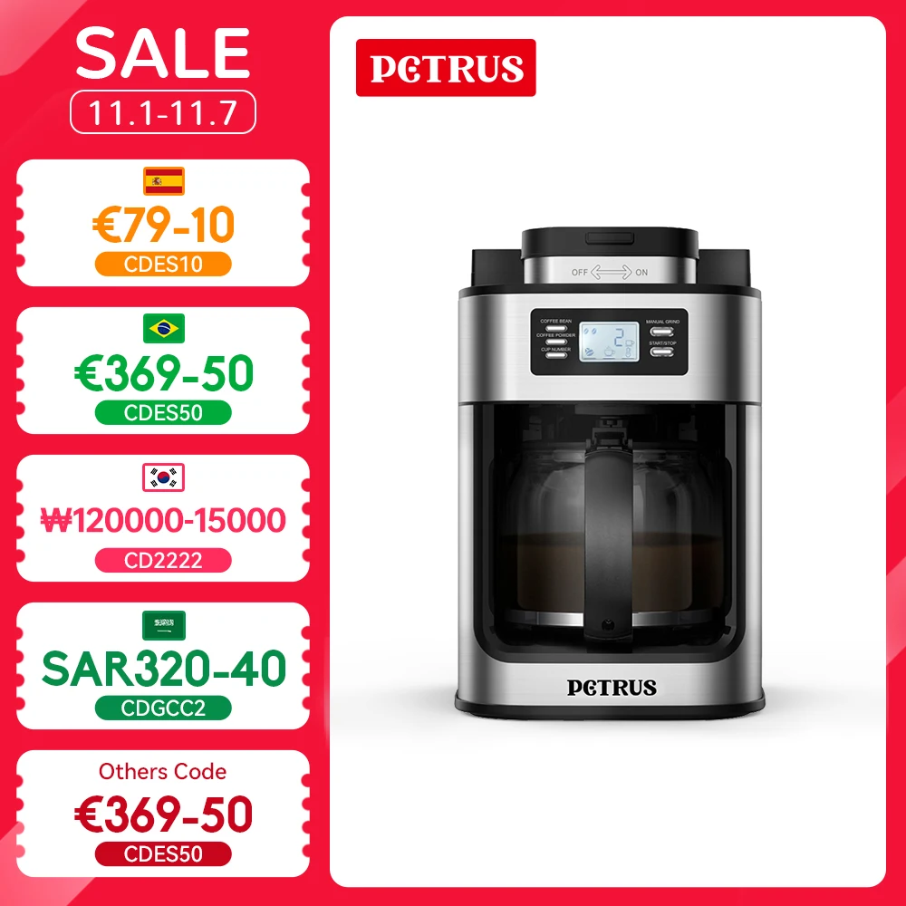 Coffee Maker Petrus Automactic Stainless Steel Drip 10-cup With Built-In Grinder and Brew Strength Control