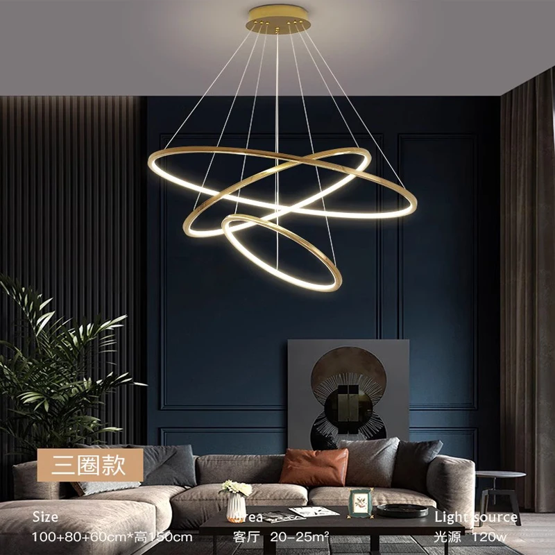 Ring lamp LED chandelier dining room bedroom duplex floor living room large chandelier staircase loft stainless steel metal rings metal rings for decoration
