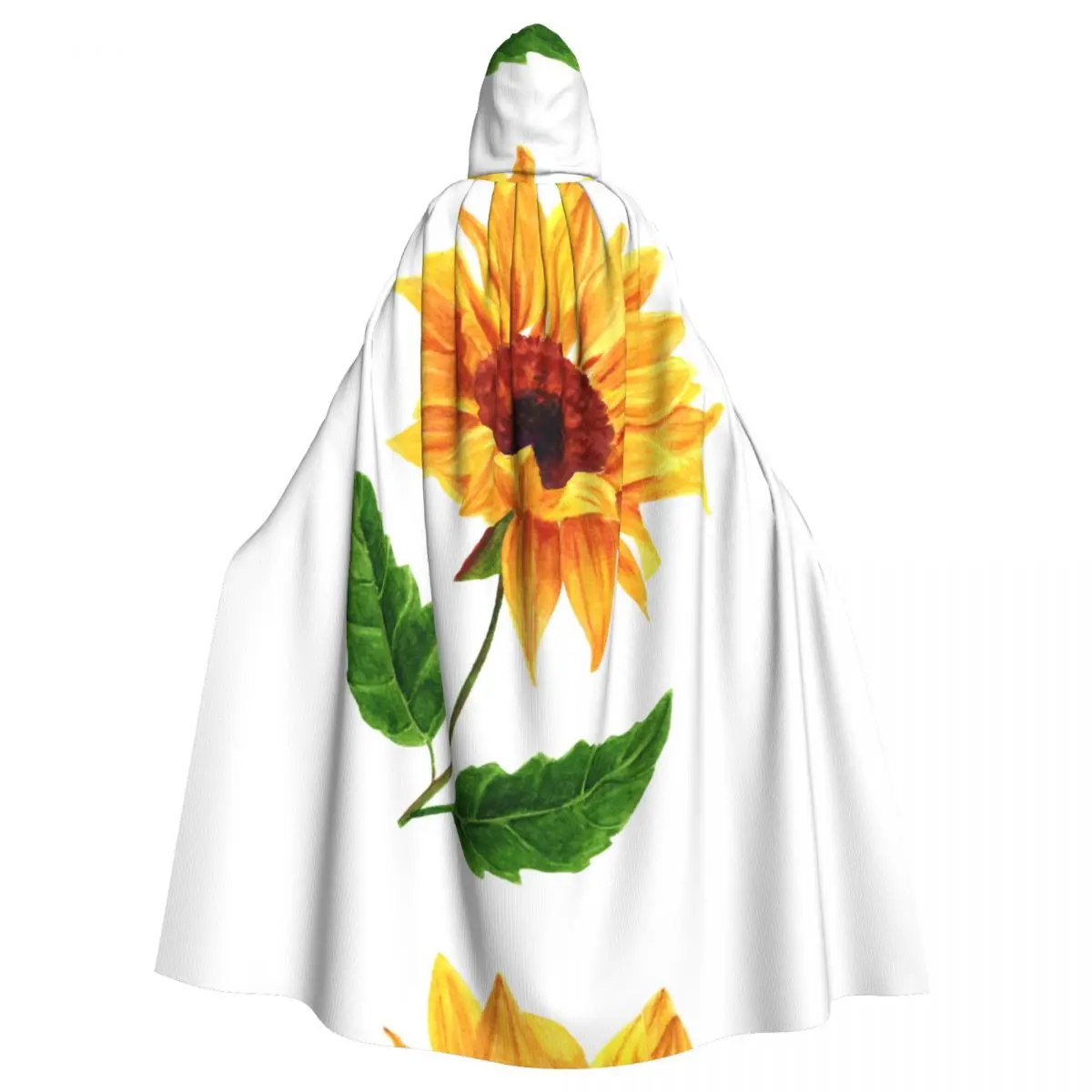 

Hooded Cloak Polyester Unisex Witch Cape Costume Accessory Watercolor Yellow Sunflower With Green Leaves Elf Purim