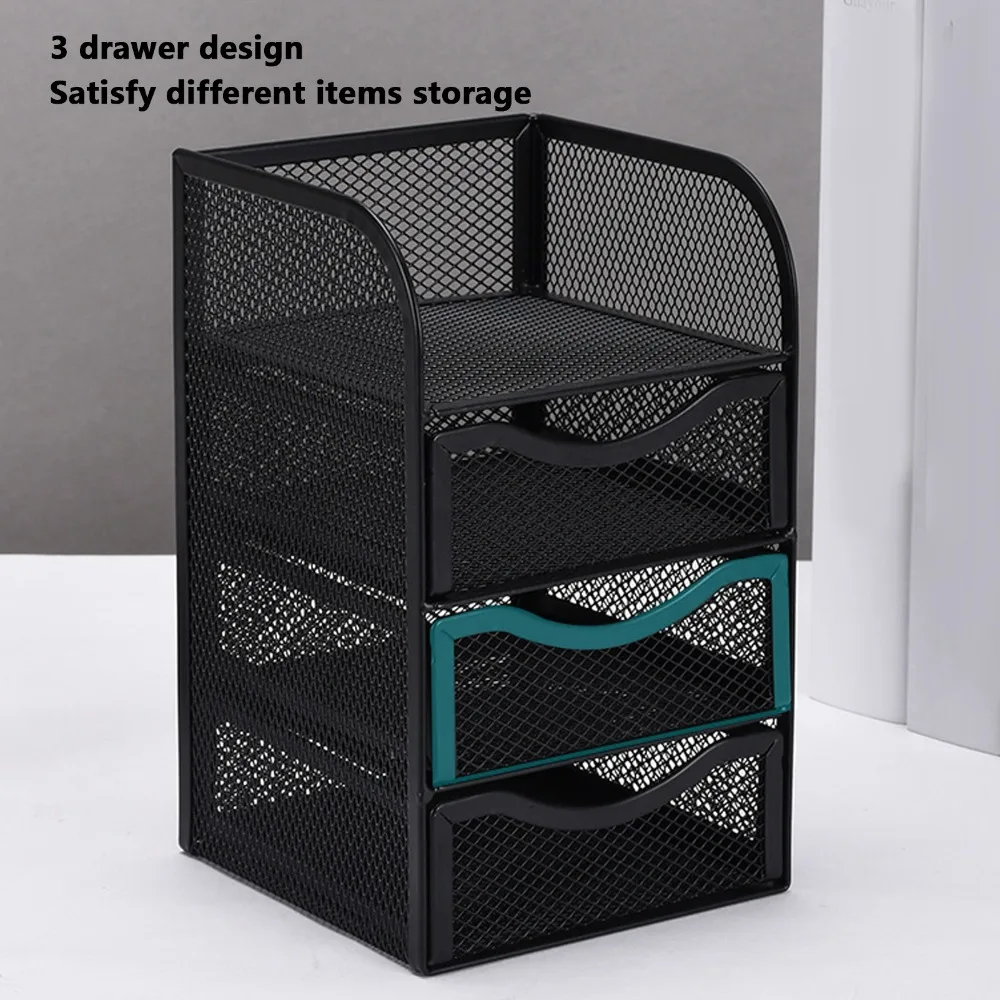 Black Metal Wire Mesh Desk Organizer with 3 Drawers - Multifunctional Stationery Holder