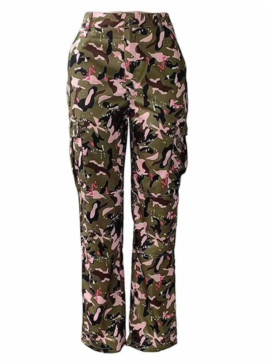 LW Autumn & Winter Women Cargo Trousers Streetwear Pink Camouflage High Waist Side Pocket Design Long Fashion Pants XS-3XL