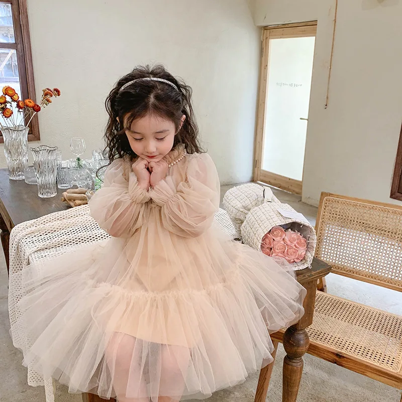 Girls' Spring and Autumn Dress2024New Children's Baby Girl Western Style Lace Splicing Puffy Gauze Princess Dress 5