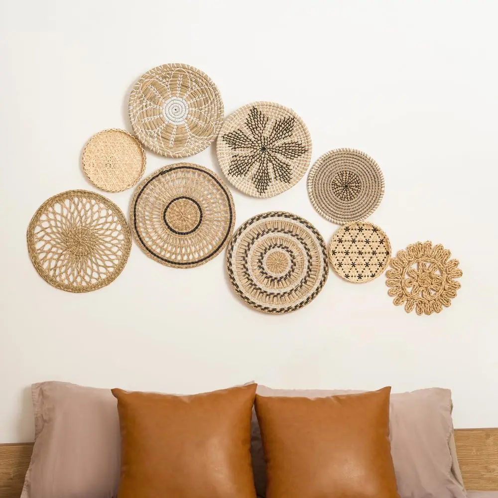 Wall Decor Set of 9 Boho Home Decorations Rattan Wall Decoration Wicker Basket Hanging Wall Baskets Decorative Plates for Wall