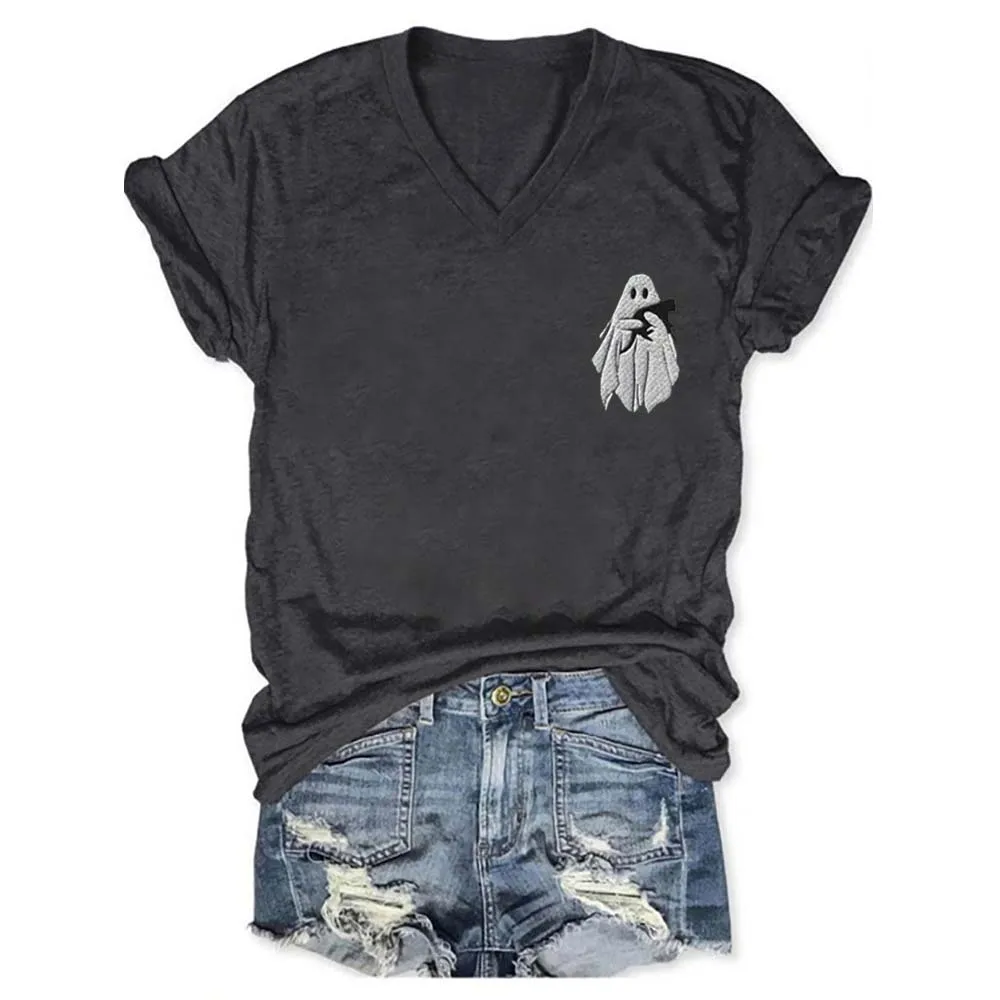 

Rheaclots Women's Embroidered Ghost Printed V-neck Short Sleeve T-Shirt