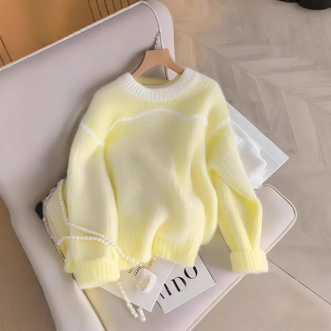 Модний вільний лимонно-жовтий в’язаний светр з довгим рукавом, жіночий повсякденний зручний вовняний светр середньої ваги з круглим вирізом