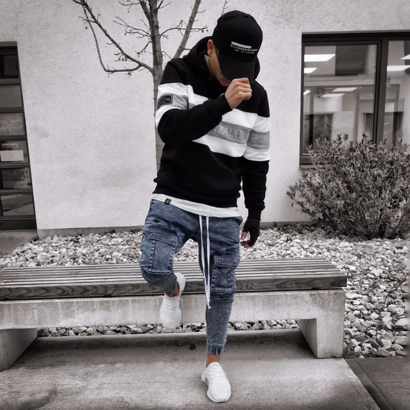 

European and American New Slim Fit Denim Men's Pants European and American Station Men's Elastic Waist and Feet Pants
