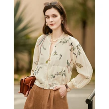 

Jacket Women 100% Silk Unfixed Printed Raglan Zipper Long Sleeves Pockets High Quality Short Thin Coat Ladies New Fashion