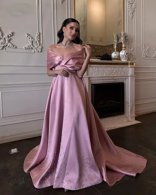 Luxury Dubai Pink Satin Evening Dresses with Train 2024 Elegant Off Shoulder Arabic Women Wedding Party Gowns 481 2