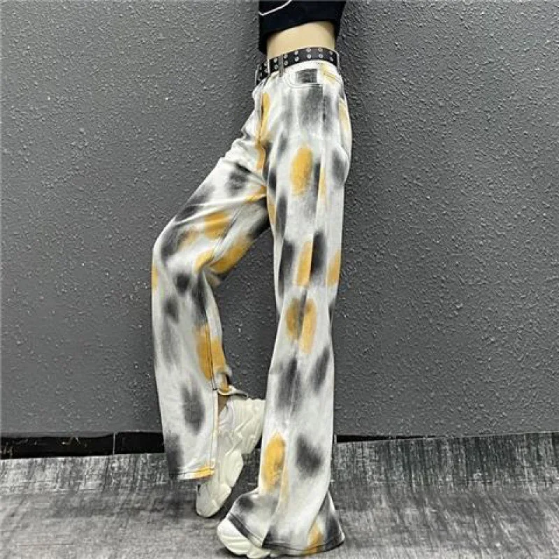 topshop jeans Spring and Summer New High Waist Straight Mopping Trousers Color Tie-dyed Split Wide Leg Retro Jeans Women Baggy Jeans Women zara jeans Jeans