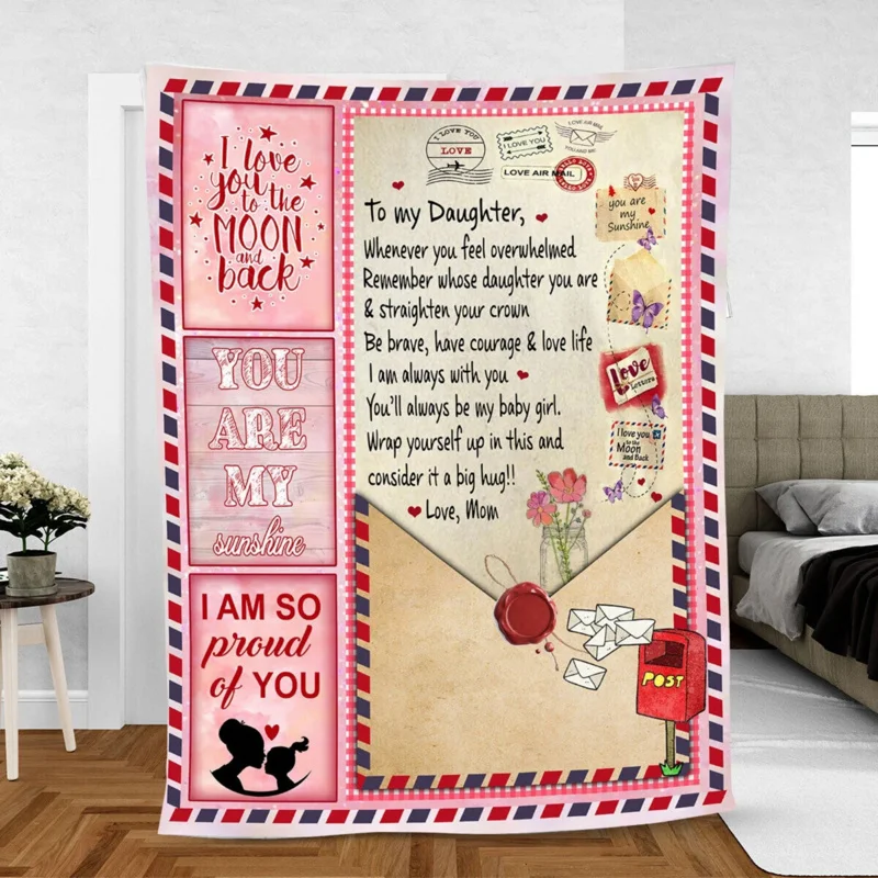 

Flannel Blanket To My Daughter Letter Printed Stamp Quilts Dad Mom For Daughter's Air Mail Blanket Positive Encourage Love Gift