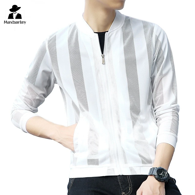 2024 New Mesh Stripe Sun Protection Clothing Trend Summer Men Skin Clothing Solid Color Wild Jacket Large Size S-3XL 4XL  5XL